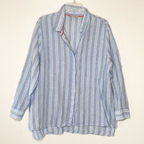 Soft Surroundings Blue Stripe Linen Button Up Top Blouse See Measurements - Picture 1 of 4